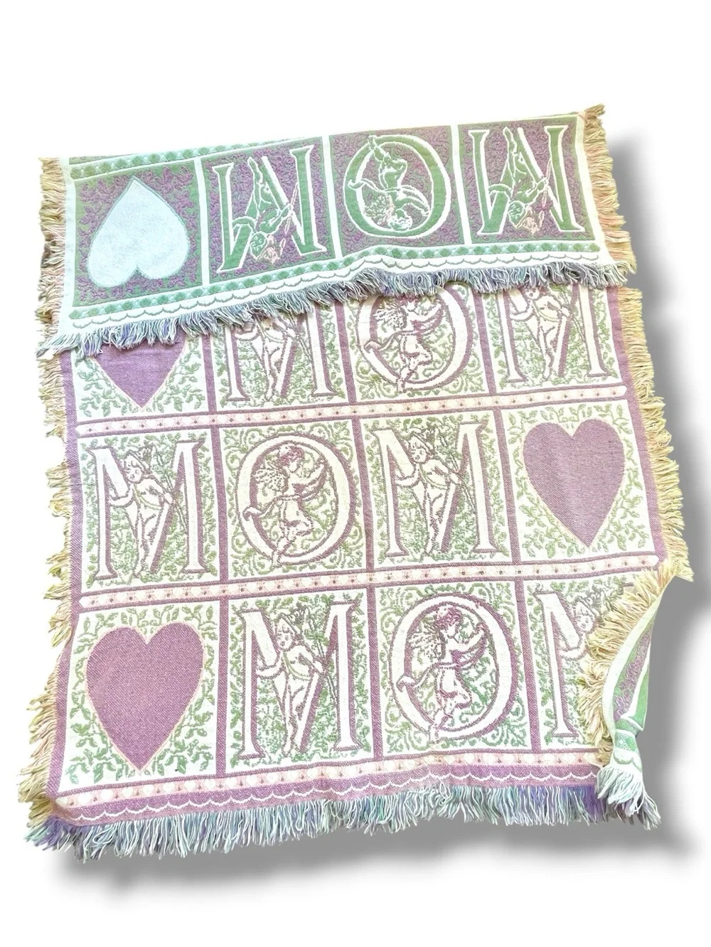 Tapestry throw, the word “Mom” with cherubs and hearts, cotton, no stains/oders